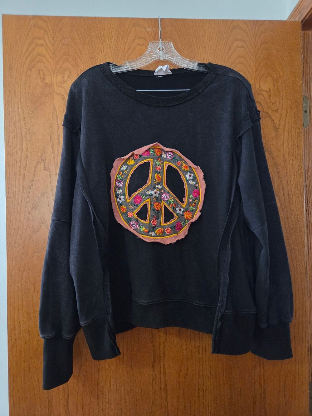 Peace Sign Embroidered Floral Patch Oversize Slit Sweatshirt Cotton Blend Boho L